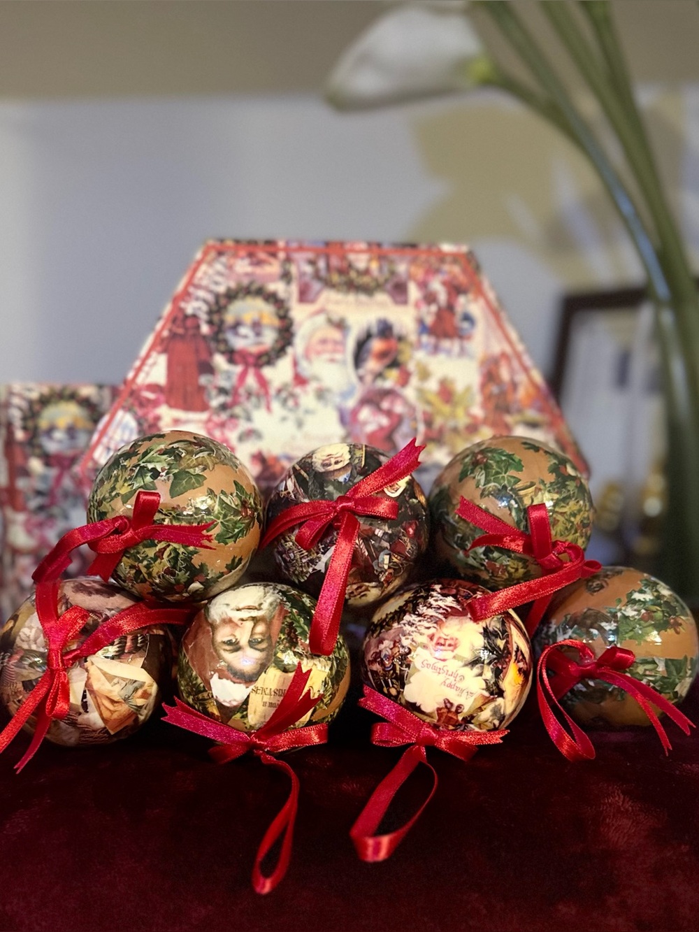 Vintage 1980s Decoupage Christmas Ornament Box w/ 7 Paper‑Covered Balls